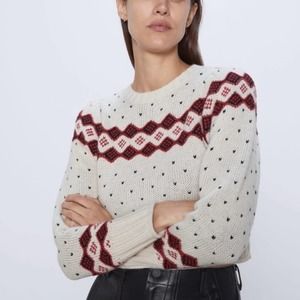 NWT Zara Jacquard Cropped Cream Red Black Sweater Padded Shoulders Size Medium